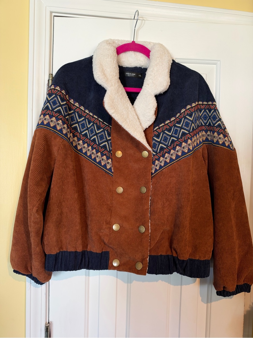 SHEIN Brown & Navy Corduroy Bomber Jacket with Faux-Shearling Collar